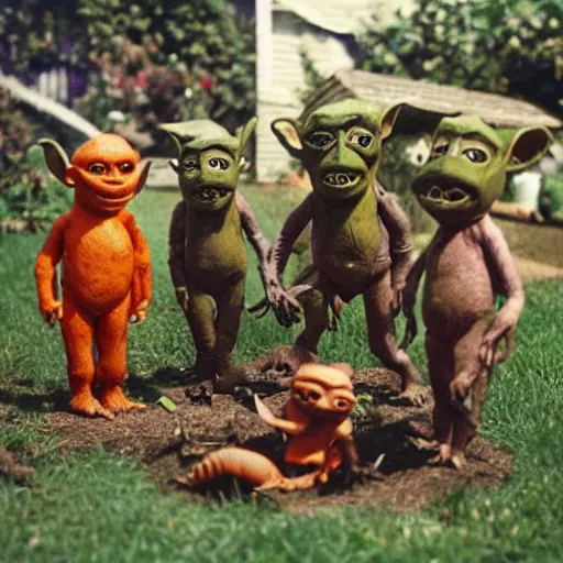 Image similar to autochrome photo of vintage disgusting brown Boglins, plastic goblin monster toys in a backyard garden, kaiju, oni, realistic