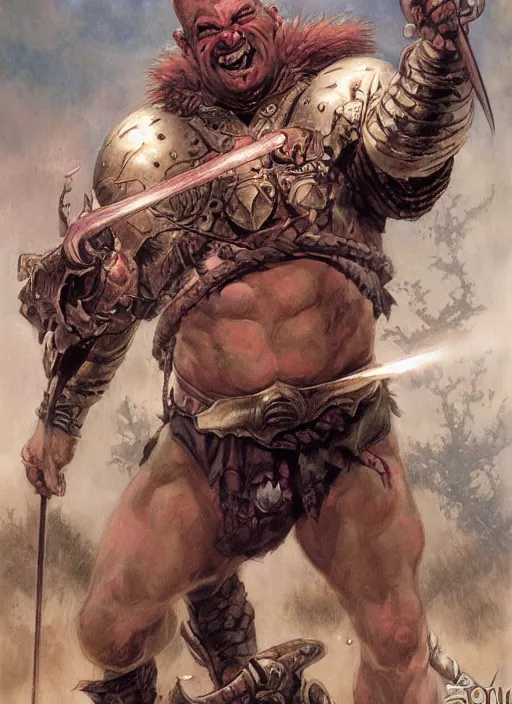 Image similar to a fantasy comic book style portrait painting of a grinning bald half - orc male warrior, art by donato giancola and bayard wu and gustav moreau and wayne barlowe