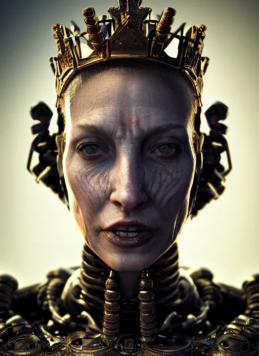 Image similar to 3 / 4 portrait, queen, crown, translucent skin, visible muscle and bones and veins and nerves, hyperrealism, detailed textures, photorealistic, 3 d cyberpunk apocalyptic city, futuristic clothing and helmet, ultra realistic, cinematic, intricate, cinematic light, unreal engine 8 k, octane render, unreal engine by david kostic and stanley lau and artgerm