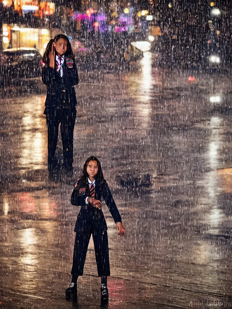 Image similar to night flash portrait photography of a high school girl in uniform on the lower east side by annie leibovitz, colorful, nighttime!, raining!