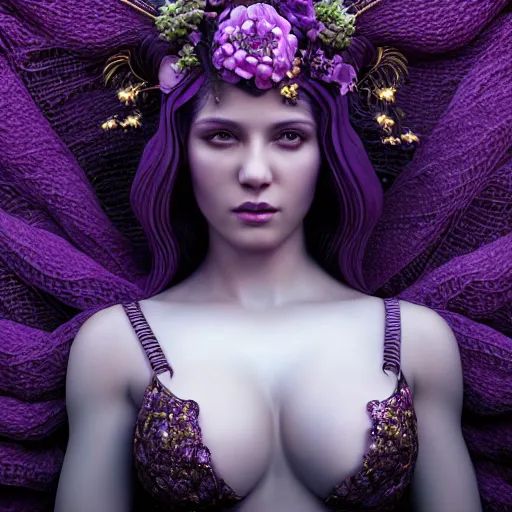 Prompt: Aphrodite Goddess of Love, intricate, portrait, character photography, Incredible purple and black illustration, highly detailed, octane render, 8k, post-processing