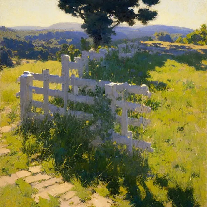 Image similar to painting of a stone railing, countryside, calm, sunny day, artwork by jeremy lipkin and giuseppe dangelico pino and michael garmash and rob rey and greg manchess and huang guangjian and makoto shinkai, sharp edges, simple form, 1 0 0 mm