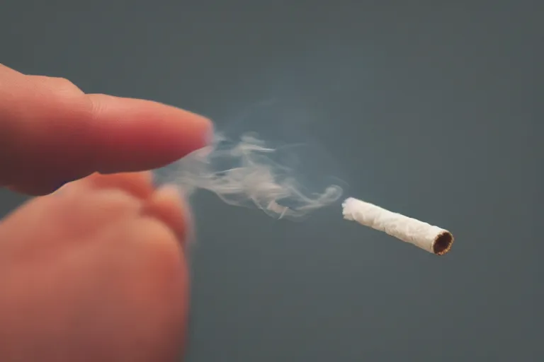 Image similar to Close-up of thin soft hand holding cigarette in it with smoke, hyper realistic, high details, photo, super resolution