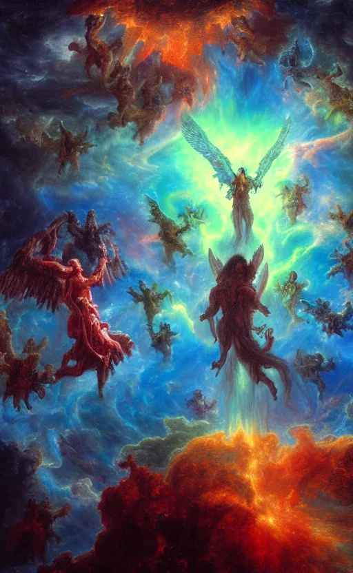 Image similar to horde of demons and angels flying into a nebula portal in the sky, detailed, vivid colors, masterpiece painting, octane render, neon colors, volumetric lighting, cinematic, by gustave dore, by michelangelo, by h. r. giger