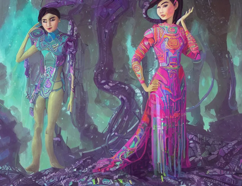 Prompt: central asian scifi princess of the cloud forest, wearing a lovely dress with cyberpunk details. this oil painting by the beloved children's book author has an interesting color scheme and impeccable lighting.