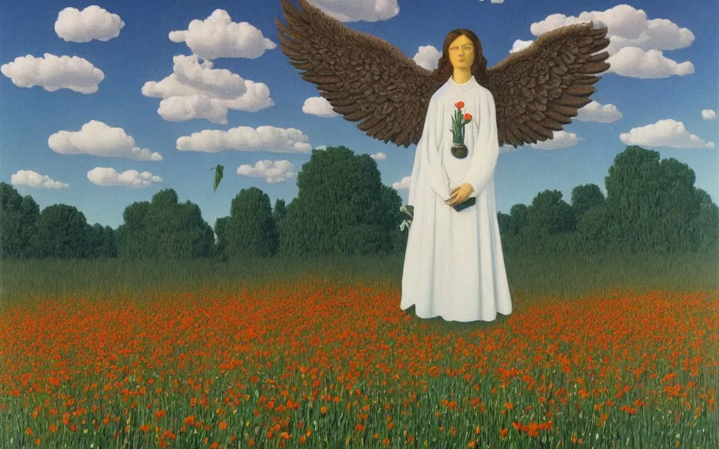 Prompt: angel of death looking at you in distance in beautiful meadow of flowers, detailed painting by rene magritte