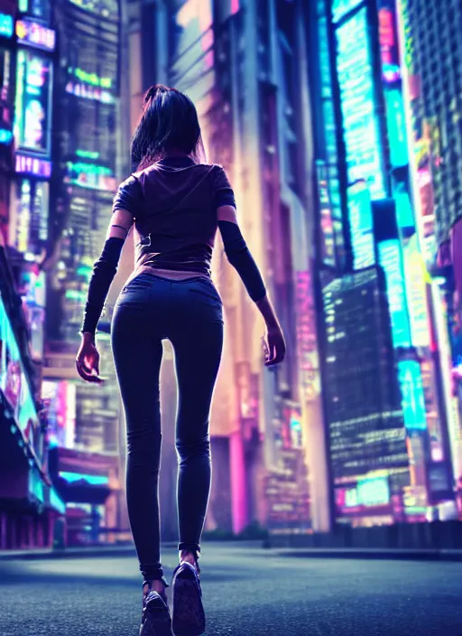 Image similar to beautiful photo of a beautiful woman walking through a ( ( ( cyberpunk city ) ) ), full body, hyper realistic, 8 k, dslr, 3 mm, highly detailed photograph