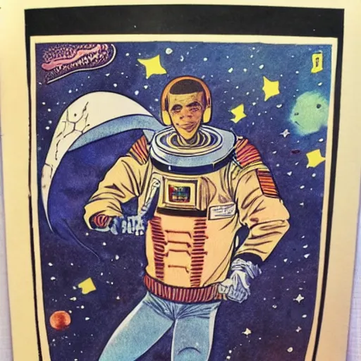 Image similar to a vintage anime 70s comic book watercolor of Obama in space