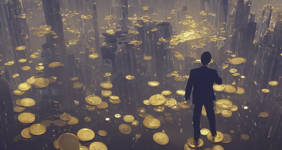 Image similar to Dramatic photo of a CEO waving to a large group of his coworkers in a futuristic office. Golden coins are levitating all around them. 8k, high detail, trending on Artstation, volumetric lighting, cyberpunk