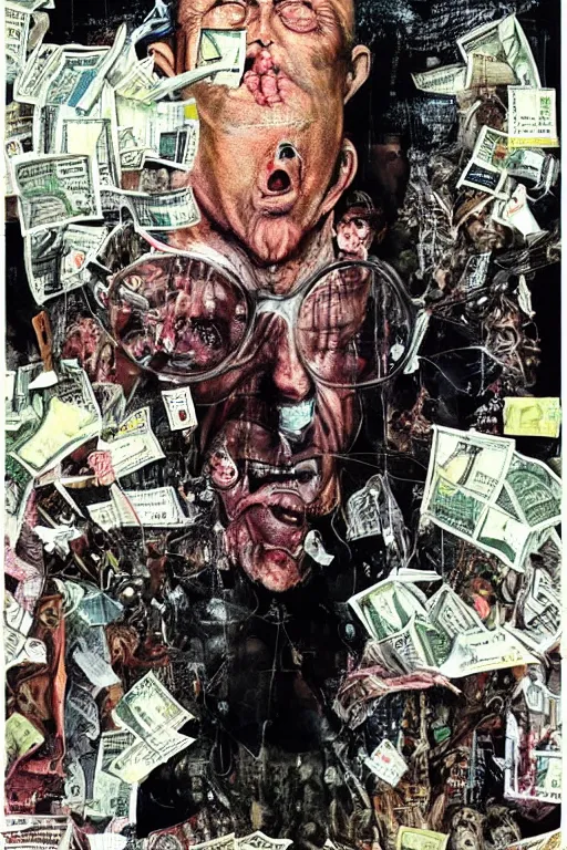 Image similar to George Soros full body shot, dollar bills Body horror, biopunk, by Ralph Steadman, Francis Bacon, Hunter S Thompson