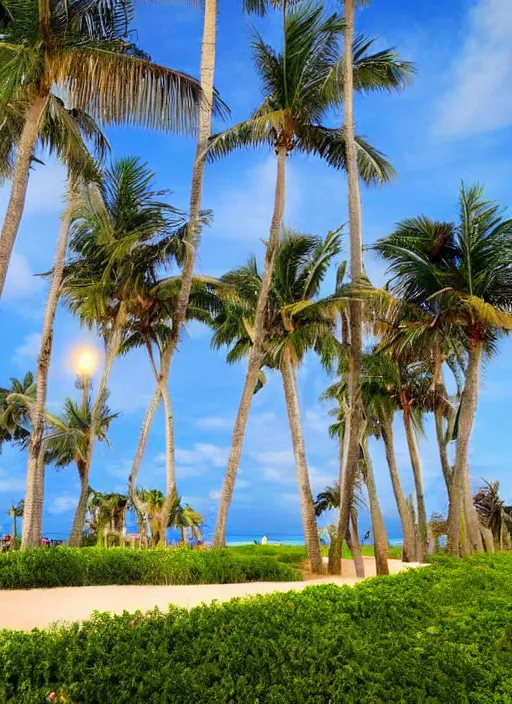 Image similar to palm trees on the beach, highly detailed, pink-blue-green light, landscaping, natural, outdoor spaces,