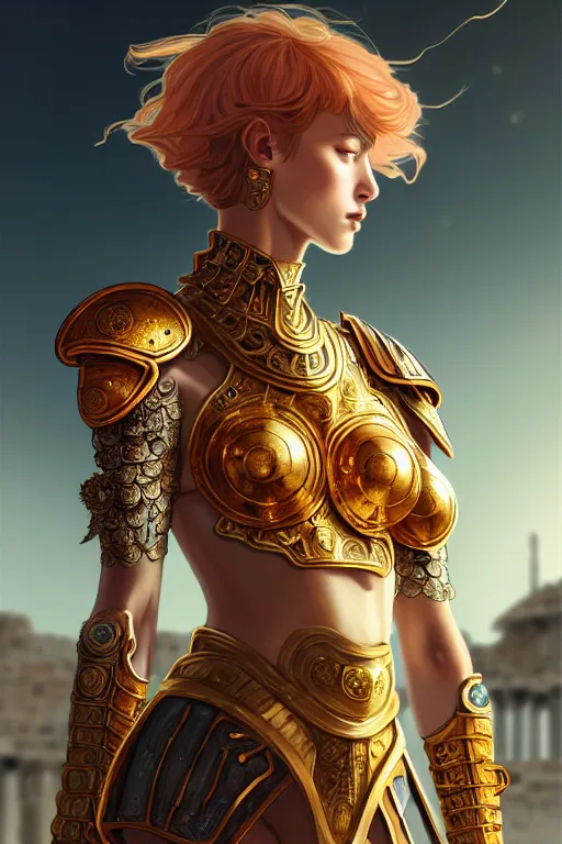 Prompt: portrait knights of zodiac girl, golden and copper armor, in ruined agora of athens sunrise, ssci - fi and fantasy, intricate and very very beautiful and elegant, highly detailed, digital painting, artstation, concept art, smooth and sharp focus, illustration, art by tian zi and wlop and alphonse mucha and ilya kuvshinov