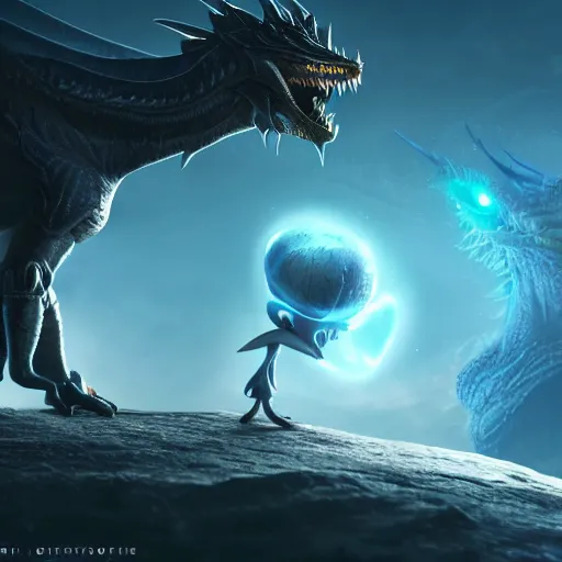 Prompt: an adorable and small alien lands on earth to meet a giant dragon, sweet eyes, concept art, octane render, unreal engine, highly detailed, 4 k, comic book art, cinematic