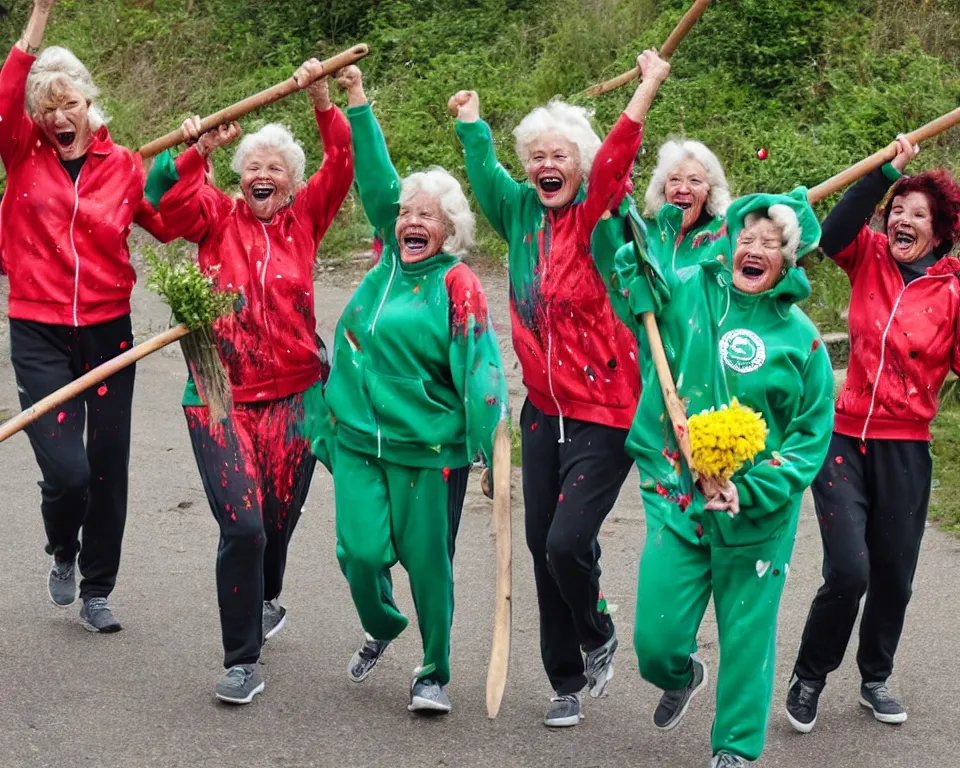 Prompt: a gang of old ladies waving steel machetes, and carrying flowers, and wearing green Umbro track suits with red splatters laughing maniacally and screaming