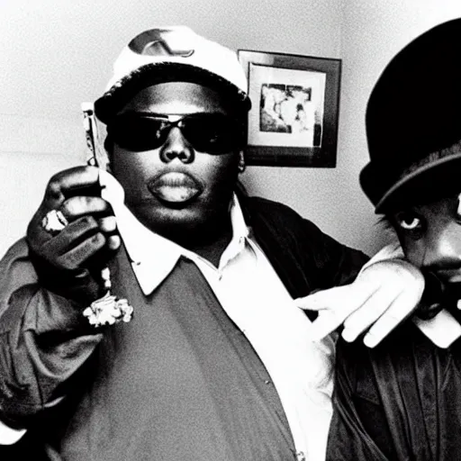 Image similar to a photograph of michael jackson and biggie smoking a joint together