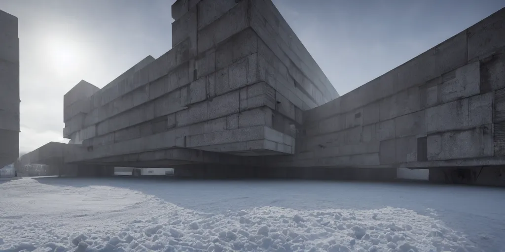 Image similar to brutalist architecture, trending on artstation, 4 k, tyndall effect, snow day ， cinematic ， ultra wide angle