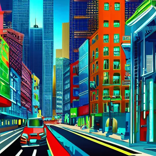 Prompt: A digital painting of a cityscape, with tall buildings and busy streets, colorful, futuristic, and detailed.