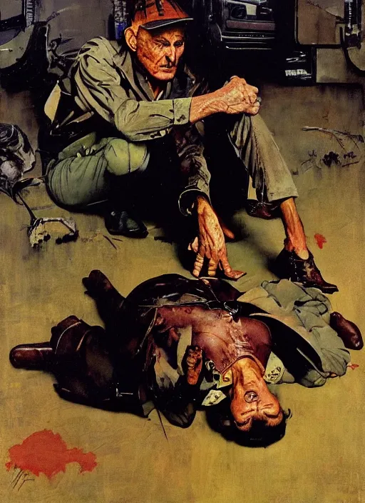 Image similar to dennis hopper crawling around on the floor, painted by norman rockwell and phil hale and rick berry and tom lovell and frank schoonover, green, dystopian