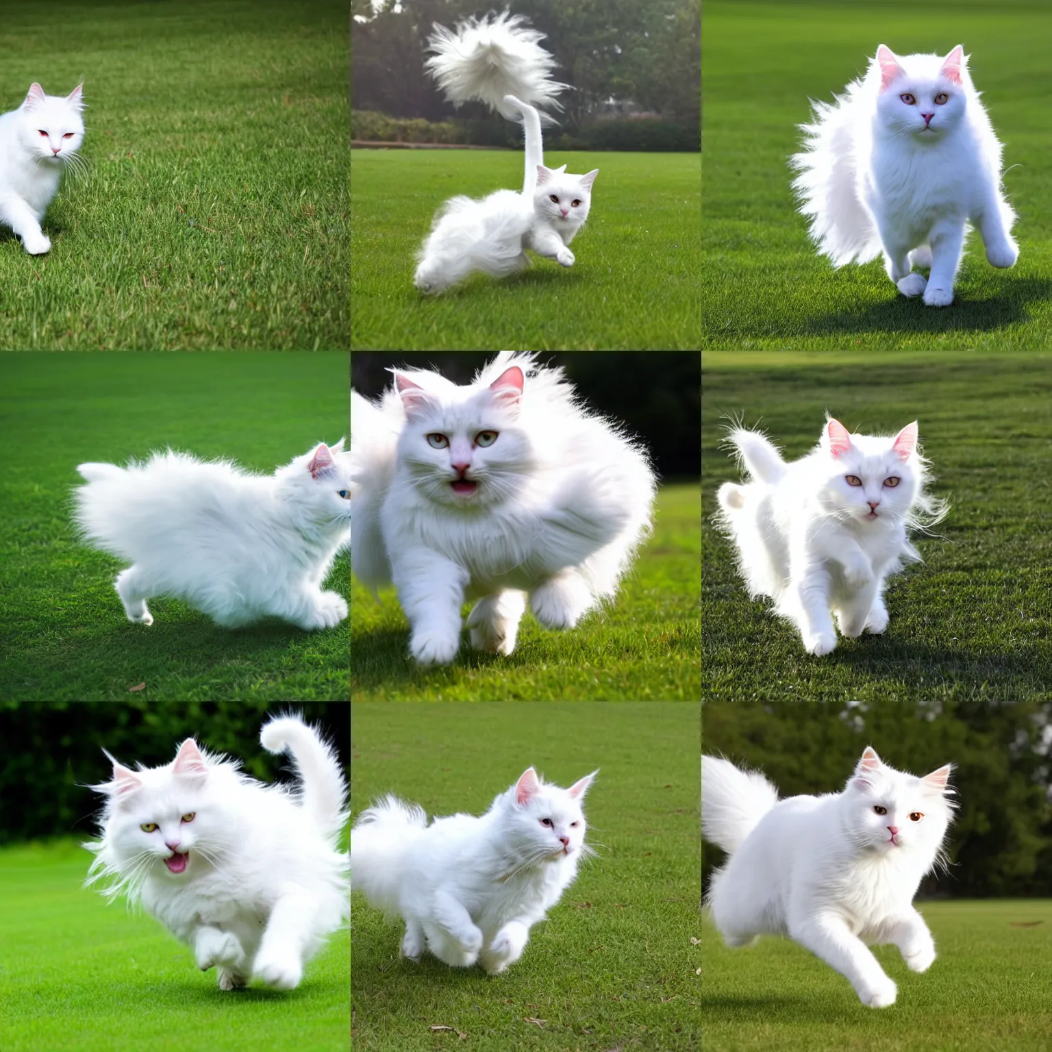 Prompt: three legged white fluffy cat running on the grass