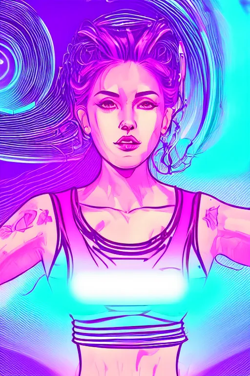 Image similar to a award winning half body portrait of a beautiful woman in a croptop and cargo pants with ombre purple pink teal hairstyle surrounded by whirling illuminated lines, outrun, vaporware, shaded flat illustration, digital art, trending on artstation, highly detailed, fine detail, intricate