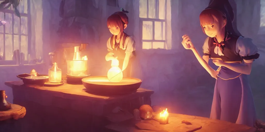 Image similar to a wholesome animation key shot of a focused witch preparing her potions at home, medium shot, waist up, studio Ghibli, Pixar and Disney animation, sharp, Rendered in Unreal Engine 5, anime key art by Greg Rutkowski, Bloom, dramatic lighting