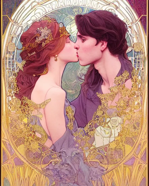 Prompt: the kiss | highly detailed | very intricate | art nouveau | gold filigree | romantic storybook fantasy | soft cinematic lighting | award - winning | disney watercolor illustration by mandy jurgens and alphonse mucha and alena aenami | pastel color palette | featured on artstation