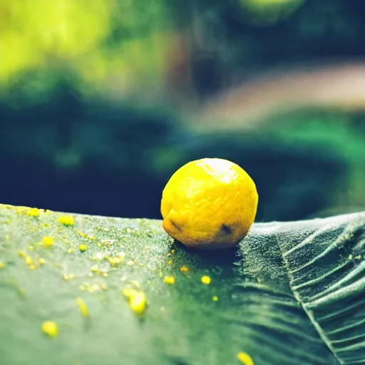 Prompt: close - up shot of a lemon covered in green goo, macro lens, depth of field, bokeh