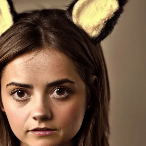 Image similar to jenna coleman with fox ears and fox facial features, furry face, close - up, headshot, detailed, symmetric