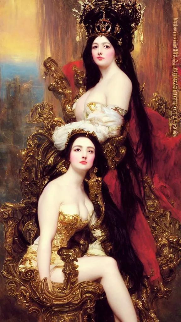 Image similar to a beautiful black haired woman with pale skin and a crown on her head sitted on an intricate metal throne by franz xaver winterhalter and delphin enjolras and rebecca guay