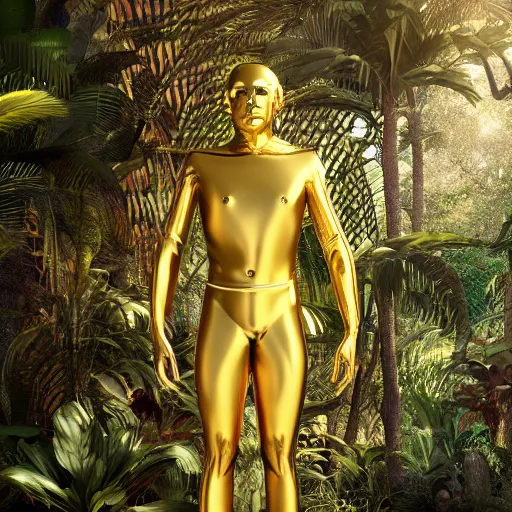 Prompt: a human sculpture made out of shiny gold, blurry jungle background, 8 k, octane render, cinematic lighting, epic shot, photorealistic