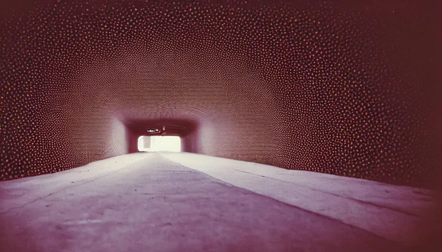 Prompt: 60s movie still of an empty tunnel with trypophobia, cinestill 800t 50mm eastmancolor, liminal Space style, heavy grain