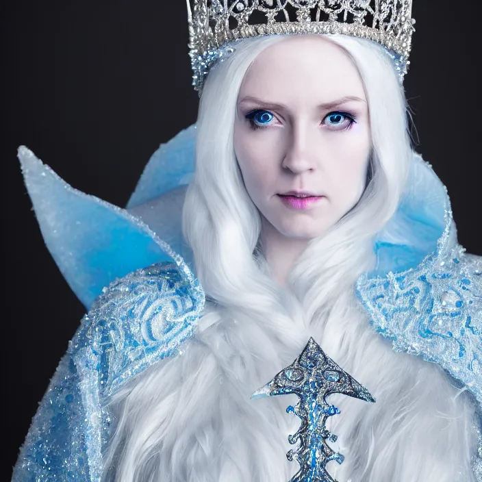 Prompt: photograph of a real-life beautiful ice queen with intricate crown and cloak. Extremely detailed. 8k