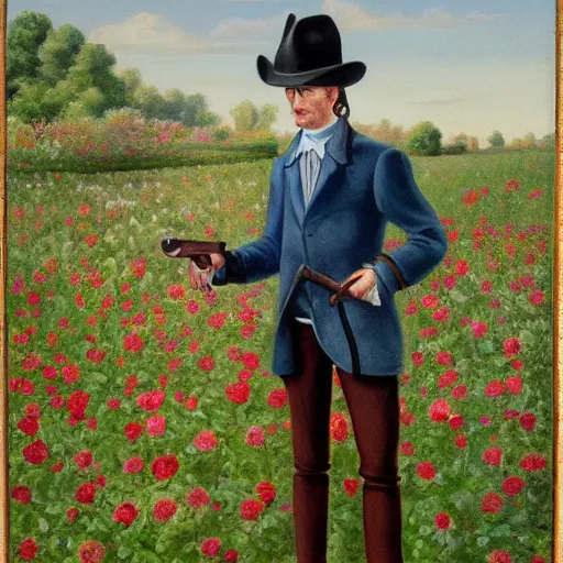 Image similar to a painting of a tall man with blue eyes that is wearing a wide brim hat and a leather vest. He has no facial hair. He is holding a revolver in his left hand and a rose is in his right hand. He is standing in a field of roses.