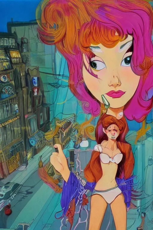 Image similar to portrait of an attractive young female protagonist, center focus, in city street, surreal, colorful, detailed artwork by ralph bakshi