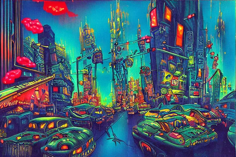 Image similar to surreal colorful nightmarish cityscape, artwork by ralph bakshi