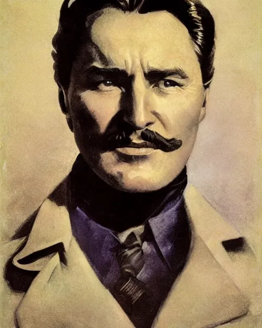 Image similar to Errol Flynn as a scientist. 1980s dystopian Soviet Russia, propaganda screens. Unreal engine, fantasy art by Greg Rutkowski, Gustave Courbet, Rosa Bonheur, Edward Hopper, Ilya Yefimovich Repin, Jean-François Millet, Andrew Newell Wyeth. Faithfully depicted facial expression, perfect anatomy global illumination, radiant light, detailed and intricate environment