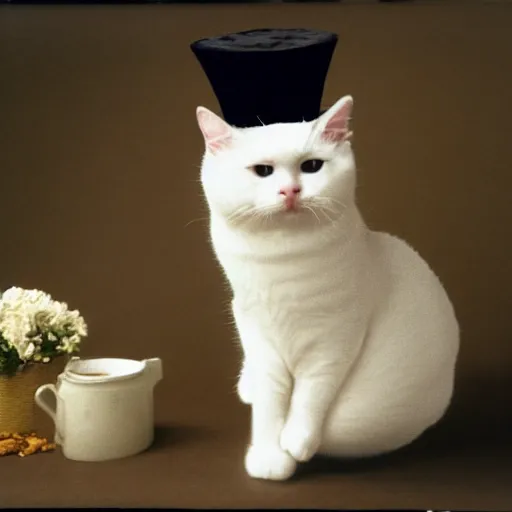 Image similar to obese cat extra fluffy wearing an obese top hat anscochrome.