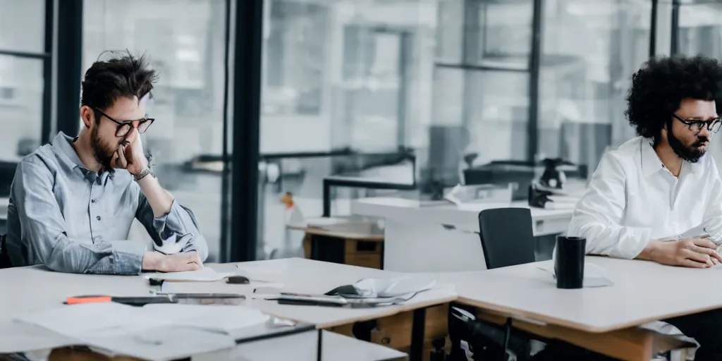 Image similar to freelancer content creator working overtime to respect deadline sitting at desk in start - up business office