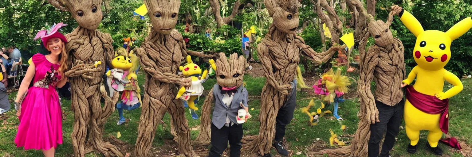 Image similar to groot and pikachu at the mad hatter tea party