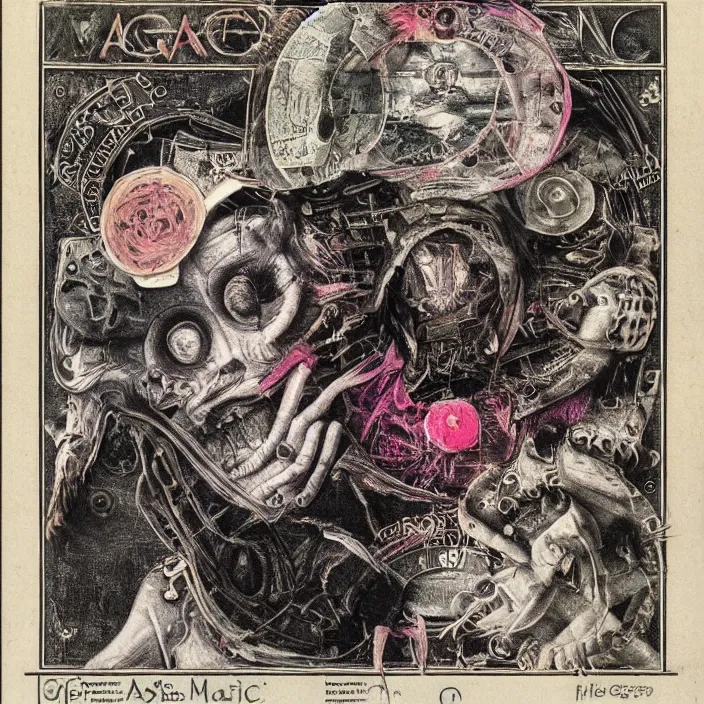 Image similar to post - punk new age album cover, asymmetrical design, dollar bank notes, capitalism, magic, apocalypse, psychedelic, black white pink, highly detailed, magic, giger h. r., giuseppe arcimboldo