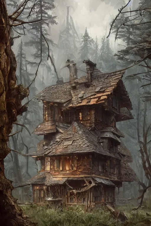 Image similar to a ramshackle multistory hut in the woods, well armored, intricate, elegant, fantasy, highly detailed, digital painting, concept art, sharp focus, illustration, artstation, art by artgerm and greg rutkowski