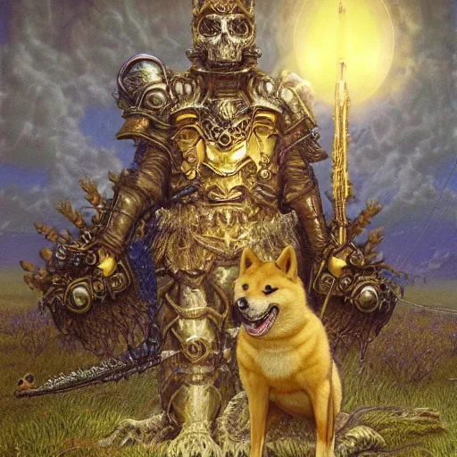 Prompt: anthropomorphic shiba inu, gold armor, standing on hill, graveyard full of bones and skulls, stuning fantasy 3 d render, masterpiece, glowing dark aura, by donato giancola and greg rutkowski and wayne barlow and zdzisław beksinski, realistic face