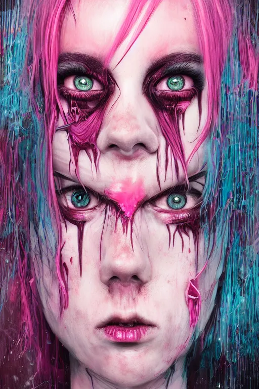 Prompt: portrait of a creepy horror punk girl pink hair, tears eyes . intricate abstract. intricate artwork. nightmare fuel. terrifying. by Tooth Wu, wlop, dan mumford , trending on artstation, greg rutkowski very coherent symmetrical artwork. cinematic, hyper realism, high detail, octane render, 8k, iridescent accents