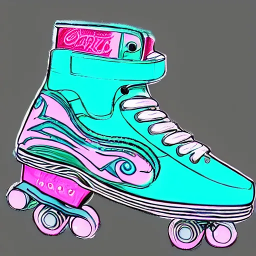 Prompt: a drawing of a pair of white retro! roller skates with dragon embroidery and cyan wheels on a pedestal!! in an empty white room, trending on artstation, carpenter brut, synthwave, pink lightning, neon!! light