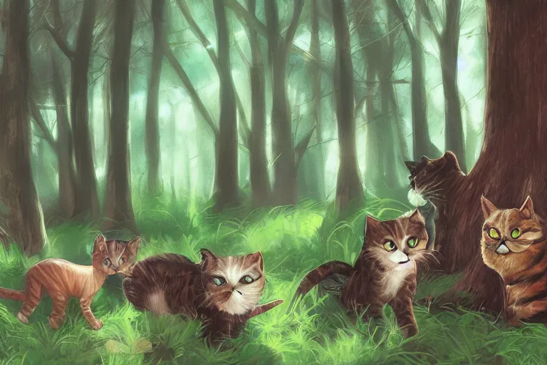 Image similar to cats in the forest, backlighting, digital art, trending on artstation, fanart, by wayne mclouglin, by kawacy