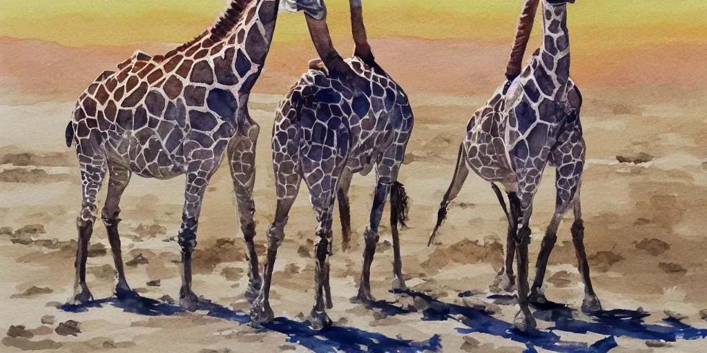 Image similar to Joe Biden in a giraffe suit , walking in the desert watercolor painting