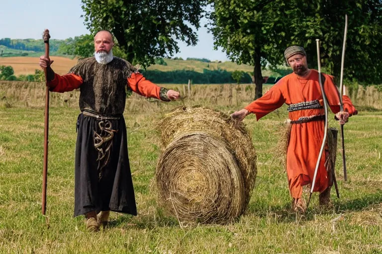 Prompt: man with scythe, medieval art, mowing of the hay, drmatic ligthing, traditional romanian clothes, woodstock festival