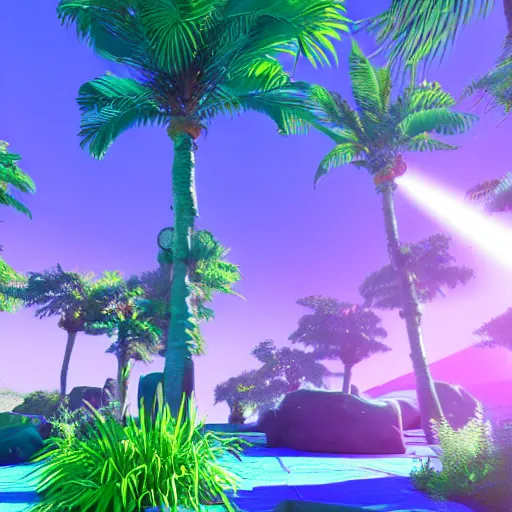 Prompt: vaporwave oasis, liminal space, high detail, rendered in unreal engine, 3d render, god rays, volumetric lighting, award winning, vegetation