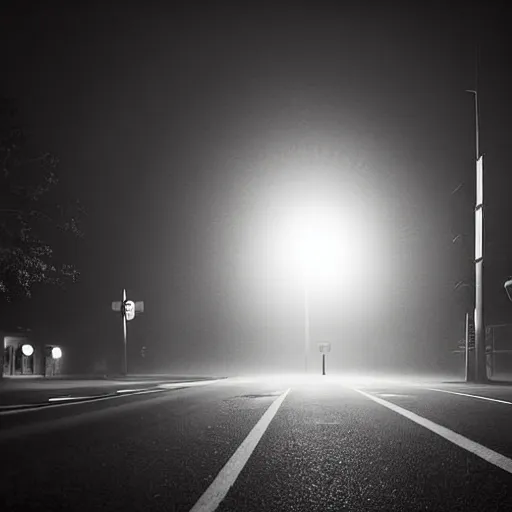 Image similar to A stunningly beautiful award-winning 8K high angle close up cinematic movie photograph of a 4-way stop light in a spooky foggy empty lightless moonlit main intersection in an abandoned 1950s small town at night, by David Fincher and Darius Khonji, perfect composition, from roofline, moody low key backlit. Color palette from Seven, greens yellows and reds. 2 point perspective, high angle from 15 feet off the ground. Octane render