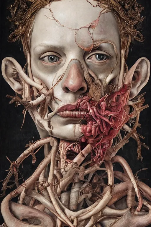 Image similar to Detailed maximalist portrait of a greek god with large lips and eyes, scared expression, botanical anatomy, skeletal with extra flesh, HD mixed media, 3D collage, highly detailed and intricate, surreal illustration in the style of Jenny Saville, dark art, baroque, centred in image